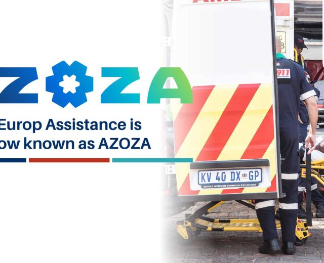 Azoza announcement banner showing Europ Assistance rebranding, with emergency medical staff loading a patient into an ambulance and the Platinum Health logo.