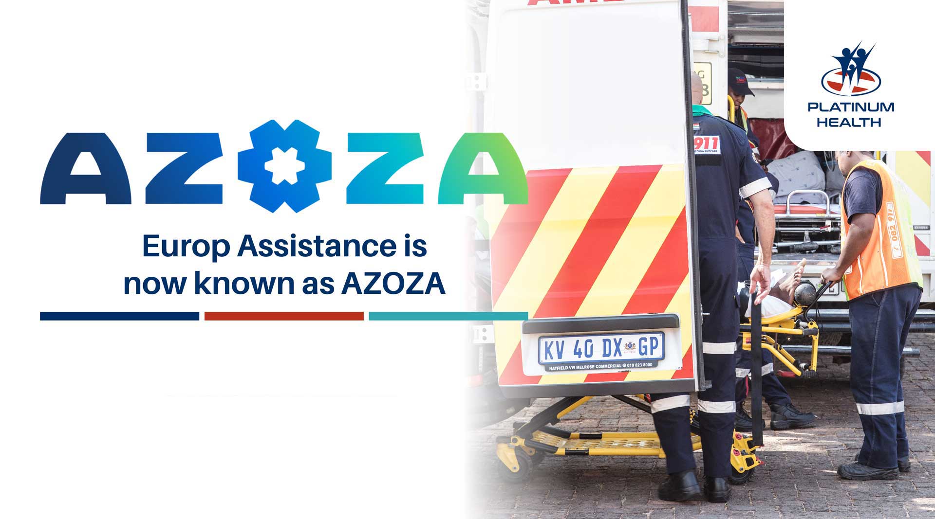 Azoza announcement banner showing Europ Assistance rebranding, with emergency medical staff loading a patient into an ambulance and the Platinum Health logo.