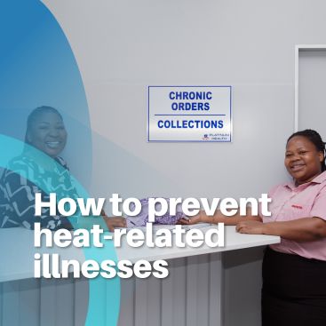 Two smiling healthcare staff members at a chronic orders collection counter, with text about preventing heat-related illnesses.
