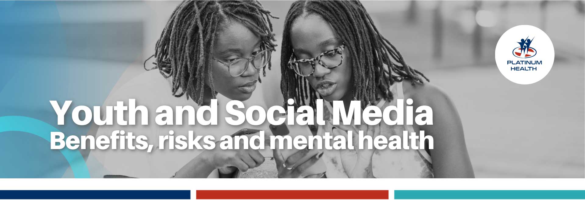 Youth and social media mental health awareness banner showing teenagers using a smartphone