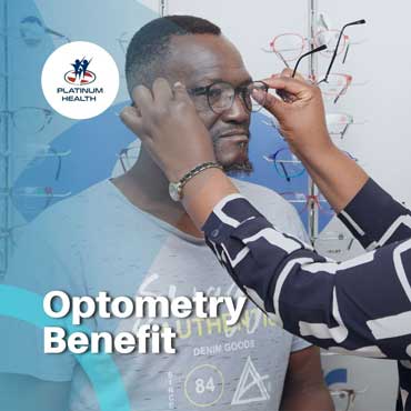 Patient receiving an eyeglasses fitting as part of the Platinum Health optometry benefit