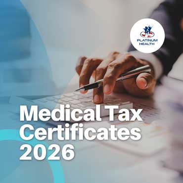 Medical Tax Certificates 2026 banner with calculator, financial documents and Platinum Health logo
