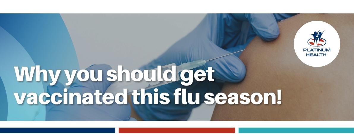 Healthcare worker giving flu vaccine injection with text encouraging vaccination during flu season and Platinum Health branding