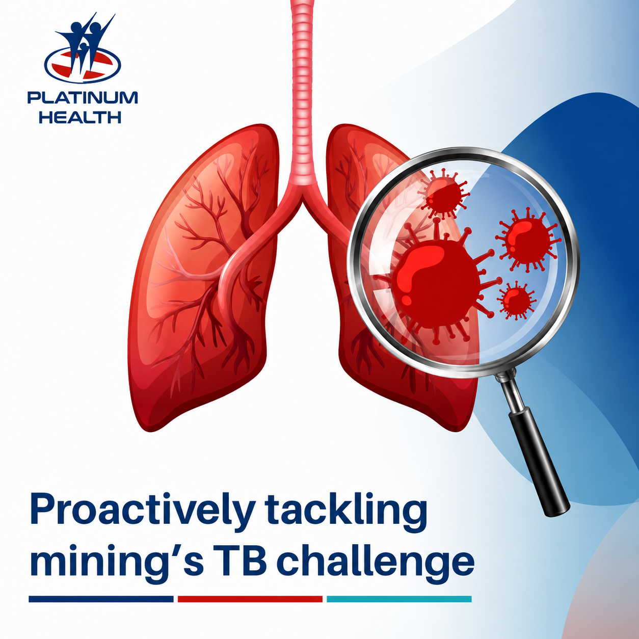 Illustration of lungs and magnifying glass highlighting tuberculosis for Platinum Health's mining TB awareness campaign