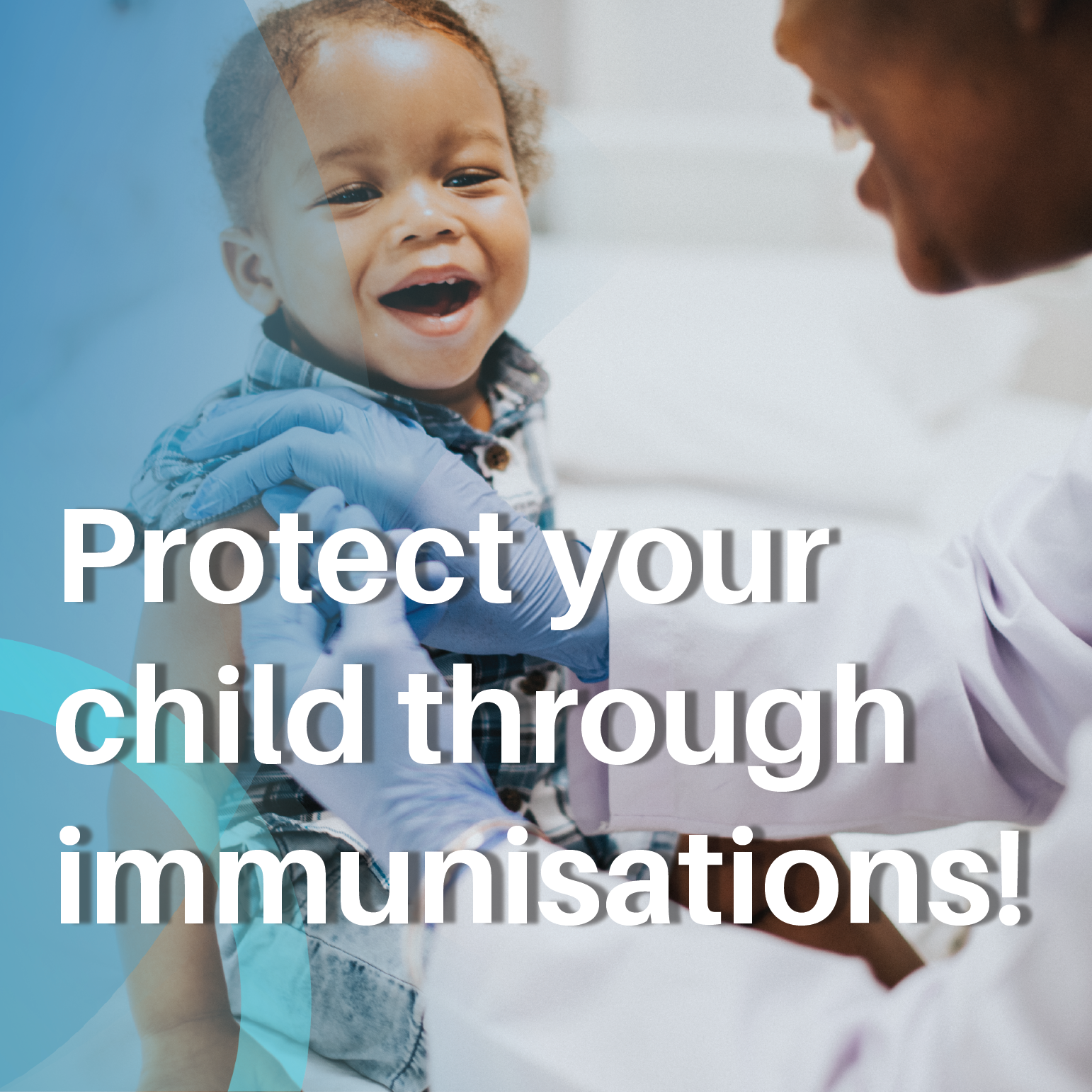 Child smiling while receiving an immunisation from a healthcare worker, promoting vaccination