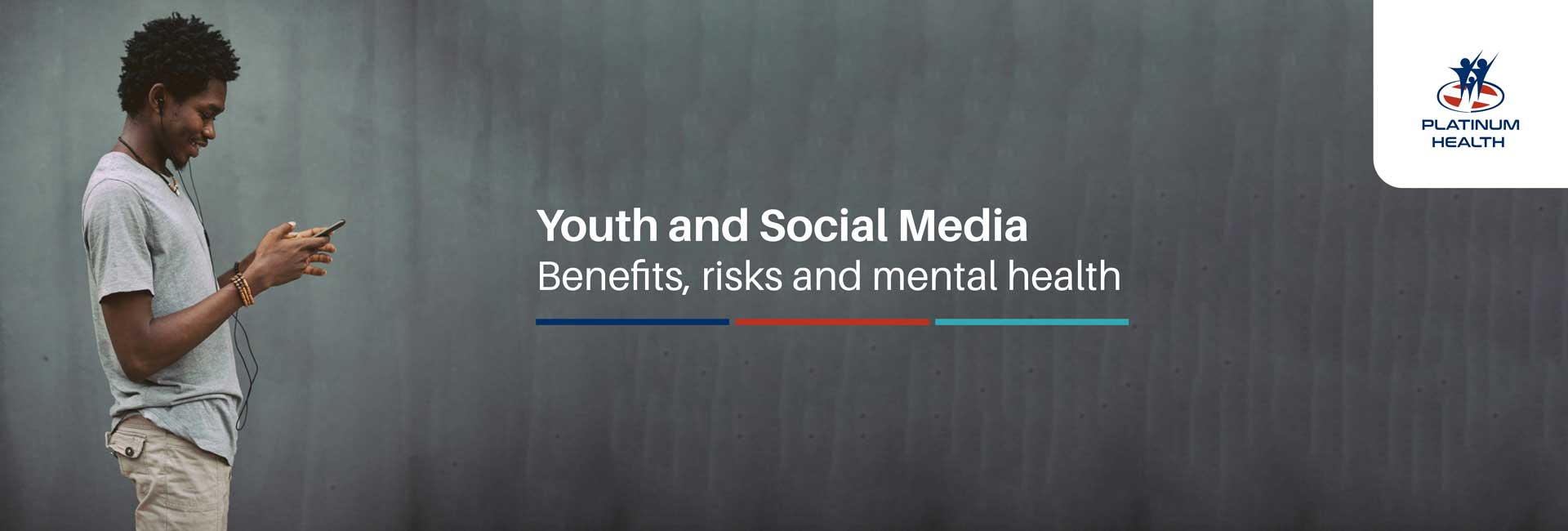 oung person using a mobile phone with youth and social media mental health awareness message