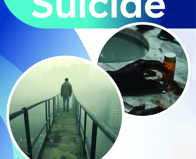 Awareness poster on suicide prevention showing a person standing on a bridge and a hand holding pills