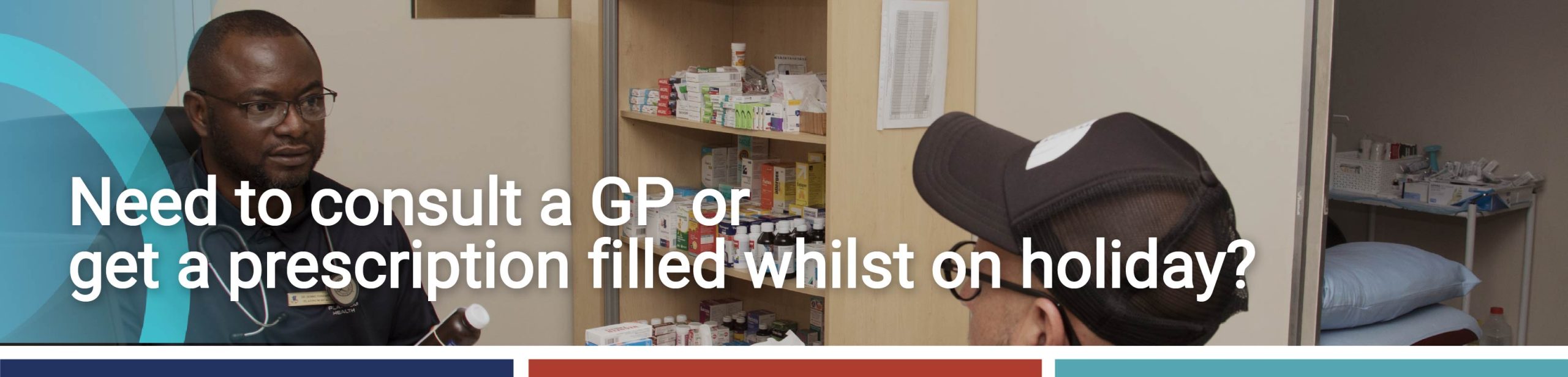 A doctor consulting with a patient in a medical office, with shelves of medication visible in the background.